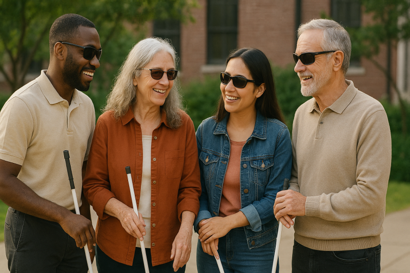 A group of four blind and visually impaired friends wearing sunglasses and using white canes, smiling outdoors.